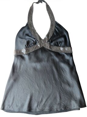 VTG Y2K Express Design Studio Silk Halter Top - Black Silver - Small